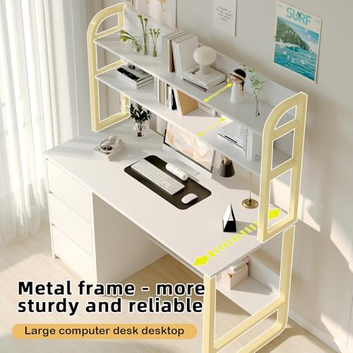 White Desk with Hutch, 47 Inch Computer Desk with 3 Drawers for Bedroom, view 5