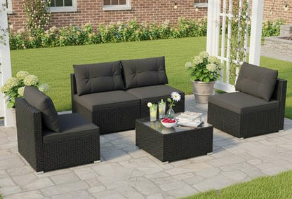 5 Piece Rattan Sofa Set, Outdoor Wicker Furniture Set w/Seat & Back Cushions, Square Coffee Table, Patio Sectional Sofa Set for Backyard, Poolside, Garden (Black)