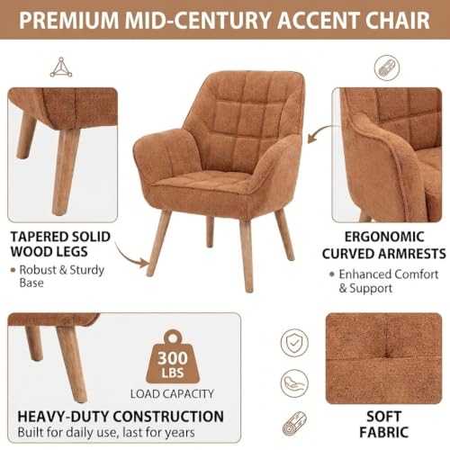 Modern Accent Chair with Solid Wood Legs, Upholstered Comfy Armchair for Living Room, Bedroom, Reading Nook, Cozy Fabric Single Sofa (Brown, A)