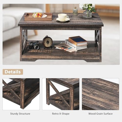3-Piece Farmhouse Table Set Includes Coffee Table& Two End Tables, Side Table with Charging Station and USB Ports, for Living Room, Dark Oak