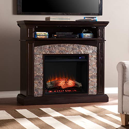 Grantham Convertible Touch Screen Electric Fireplace - Transitional Design, Brown Glass and Wood - Ideal for Living Room, Bedroom (FR9359)