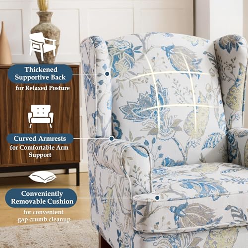 Floral Accent Chair, Comfortable High Back Upholstered Armchair with Solid Wood Legs, Leisure Single Sofa Chair for Living Room, Home Office, Bedroom, Blue Floral