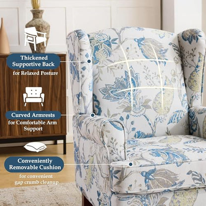 Floral Accent Chair, Comfortable High Back Upholstered Armchair with Solid Wood Legs, Leisure Single Sofa Chair for Living Room, Home Office, Bedroom, Blue Floral