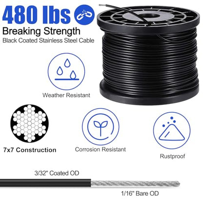 String Light Hanging Kits, 300FT Coated Stainless Steel 304 Wire Rope, Outdoor Light Guide Wire, Globe String Light Suspension Kit Included Turnbuckles, Enough Accessories, Use Manual