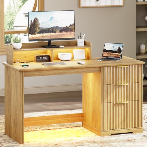 Computer Desk with Monitor Stand, 47 inch Home Office Desk with RGB LED Lights and Power Outlets, Writing Desk with Storage File Drawer for Working Gaming Writing, Wood