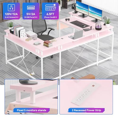 U-Shaped Computer Desk with Power Outlets & LED Lights 79 Inch Reversible, view 7
