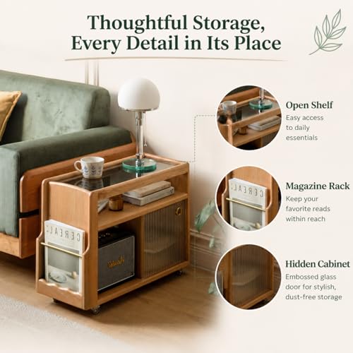 Solid Wood Narrow Side Table with Storage, End Table with Magazine Rack & Glass Door Cabinet, Small Couch Side Table for Living Room, Narrow Nightstand for Bedroom, No Assembly
