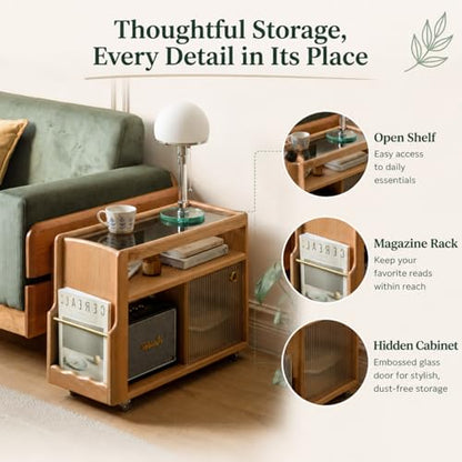 Solid Wood Narrow Side Table with Storage, End Table with Magazine Rack & Glass Door Cabinet, Small Couch Side Table for Living Room, Narrow Nightstand for Bedroom, No Assembly