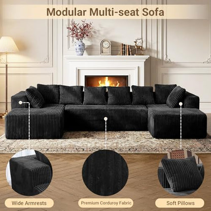 130" U Shaped Boneless Couch, Cloud Boneless Sectional Couches for Living Room, Modular Spineless Sofa Bed with Deep Seat, High Density Foam Floor Couch with 8 Pillows No Assembly, Black Corduroy