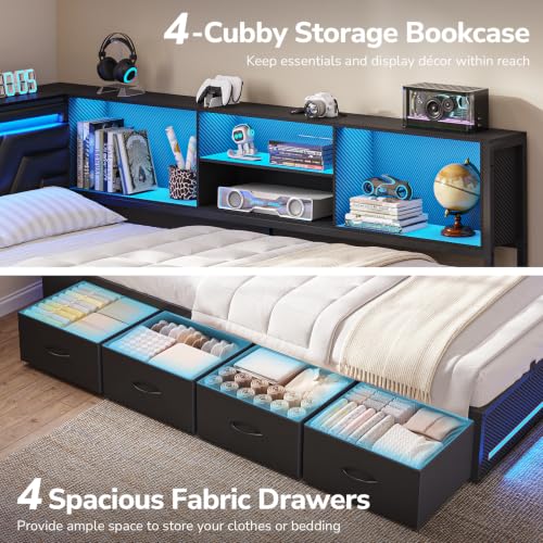 Queen Corner Bed Frame with Storage Bookcase,4 Drawers & Charging Station, view 5