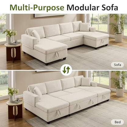 U Shaped Sectional Sleeper Sofa with Pull Out Bed, 113" Modular Sectional Sofa with Storage Chenille Couches for Living Room, Apartment, Office, Beige