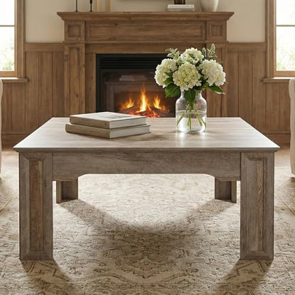 Square Coffee Table for Living Room, 39.4'' Farmhouse Wood Grain Finish Coffee Table with Carved Legs, Rustic Simple Style Center Table, Easy Assembly, Grey Wood
