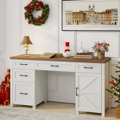 Farmhouse 61'' Executive Desk with 5 Drawers,Unique White, view 8