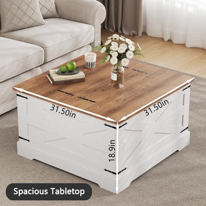 BestHaped Farmhouse Coffee Table with Hidden Storage, White Square Coffee Table for Living Room, Wood Large Center Table with Hinged Lift Top for Home, Office