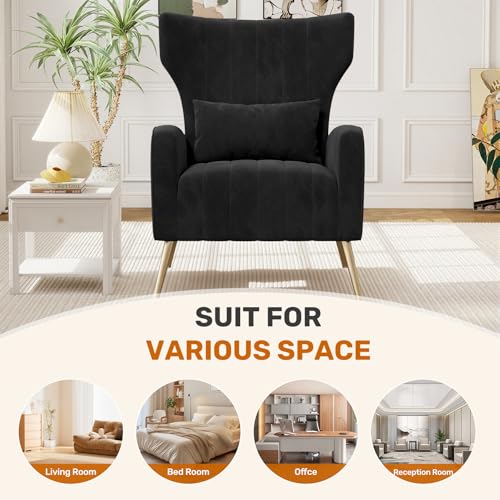 Black Velvet Accent Chair Set of 2, Wingback Chair for Living Room, High Back Arm Chair with Golden Legs Lumbar Pillow, Upholstered Single Sofa Bedroom