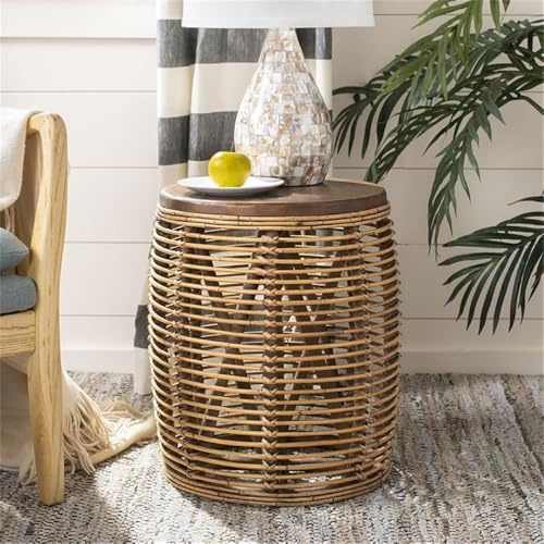 SAFAVIEH Furniture - Maui Rattan Drum Stool Table - Honey Brown-Wash & Teak Brown - Rattan - Coastal Woven Design - Fully Assembled - Ideal for Living Room, Bedroom, Patio - Fully Assembled (STL6500B)