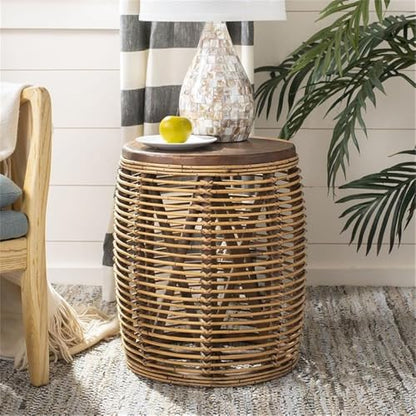 SAFAVIEH Furniture - Maui Rattan Drum Stool Table - Honey Brown-Wash & Teak Brown - Rattan - Coastal Woven Design - Fully Assembled - Ideal for Living Room, Bedroom, Patio - Fully Assembled (STL6500B)