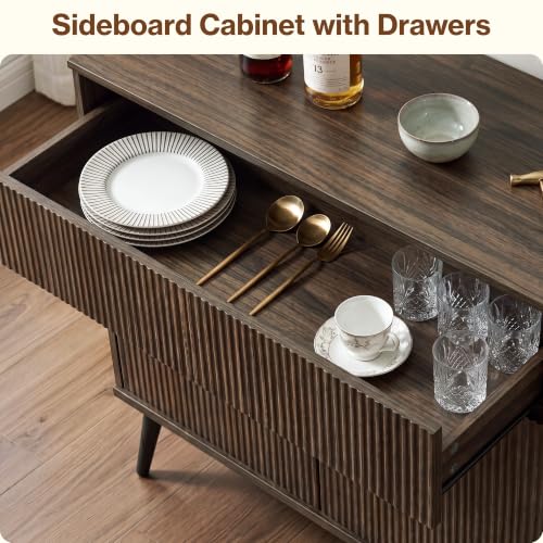 92" Large Fluted Sideboard Buffet Cabinet, Walnut., view 6