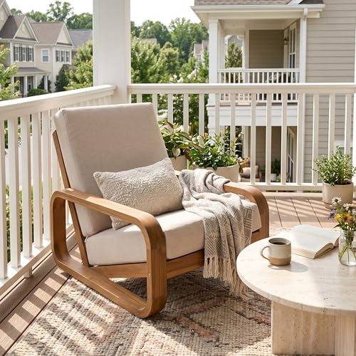 Tustin Acacia Wood Lounge Chair Outdoor with Removable Cushion, Solid Wood Patio Accent Chair with Cushion, Patio Furniture Set Sofa Chair, Light Teak+Beige