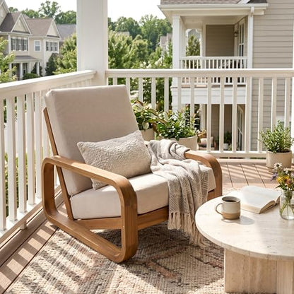 Tustin Acacia Wood Lounge Chair Outdoor with Removable Cushion, Solid Wood Patio Accent Chair with Cushion, Patio Furniture Set Sofa Chair, Light Teak+Beige