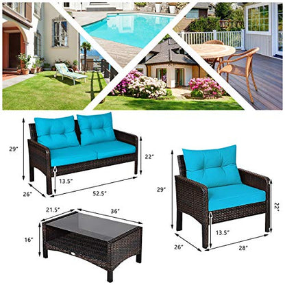 4-Piece Patio Furniture Set Outdoor Rattan Wicker Conversation Set with Coffee Table, Sectional Sofa Bistro Set with Cushions for Garden Poolside Backyard