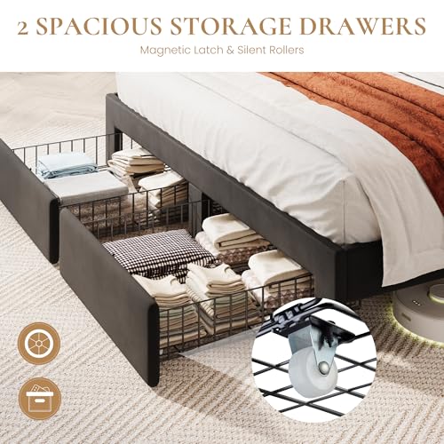 Queen Bed Frame, 2 Storage Drawers & 2-Tier Storage Headboard, view 8