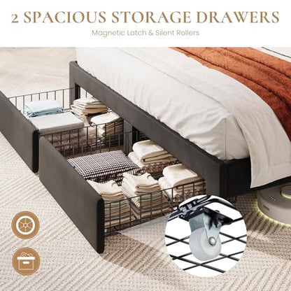 Queen Bed Frame, 2 Storage Drawers & 2-Tier Storage Headboard, view 8