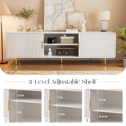 TV Stand for 65 Inch TV, Fluted TV Stand with Curved Profile Design, White Modern Entertainment Center TV Console Table with Sliding Doors & Adjustable Shelves, TV Stand for Living Room Bedroom, White