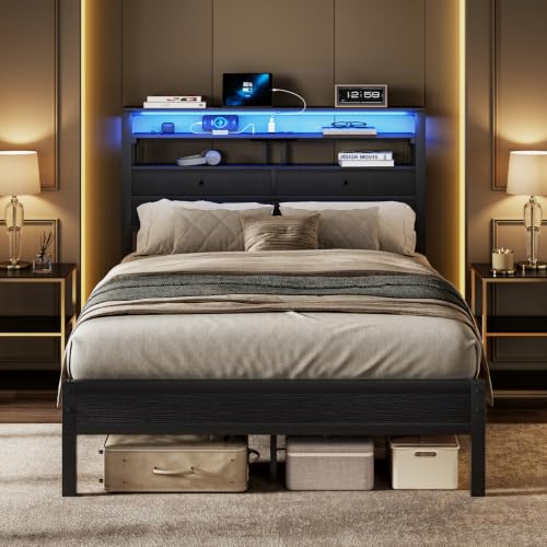 Full Bed Frame with Storage, LED Lights and Charging Station, view 2