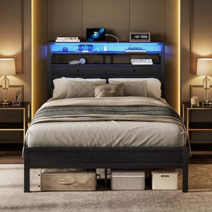 Full Bed Frame with Storage, LED Lights and Charging Station, view 2