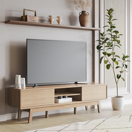 59" TV Console, Mid Century Modern TV Stand for 55/60/65 Inch TV, Low Profile Media Console with Fluted Sliding Doors, Boho Wood Credenza for Living Room, Oak