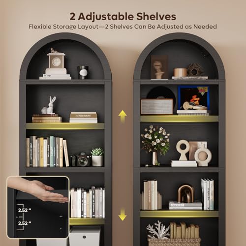 76" Tall Arched Bookshelf with Adjustable 2 Book Shelves, Black Oak, view 5