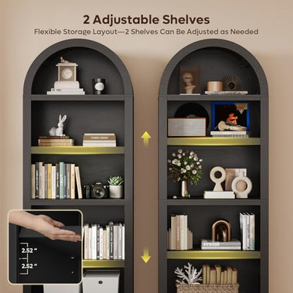 76" Tall Arched Bookshelf with Adjustable 2 Book Shelves, Black Oak, view 5