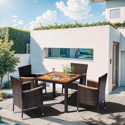 5 PCS Patio Dining Set, Wicker Outdoor Table and Chairs with Soft Cushions, Patio Furniture Set with Wood Table Top for Backyard, Deck and Garden, Brown Rattan
