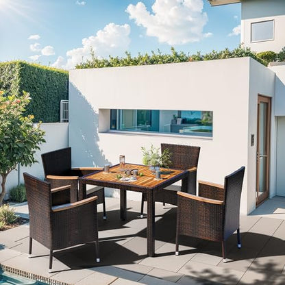 5 PCS Patio Dining Set, Wicker Outdoor Table and Chairs with Soft Cushions, Patio Furniture Set with Wood Table Top for Backyard, Deck and Garden, Brown Rattan