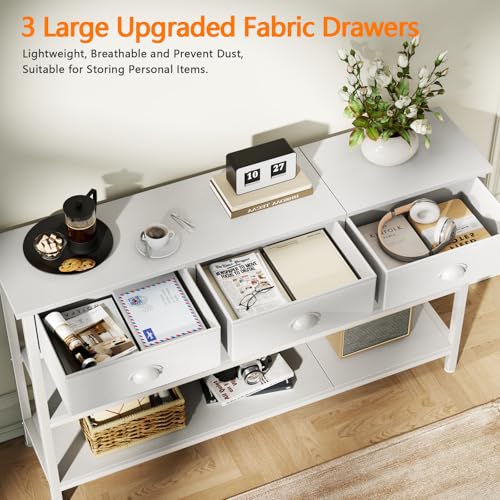 White Long 47" Console Sofa Table with 3 Drawers, Entryway Table with 3-Tier Storage Shelves, Display Shelf for Entry Way, Hallway, Couch, Living Room, Kitchen, Foyer
