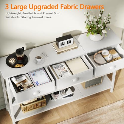 White Long 47" Console Sofa Table with 3 Drawers, Entryway Table with 3-Tier Storage Shelves, Display Shelf for Entry Way, Hallway, Couch, Living Room, Kitchen, Foyer