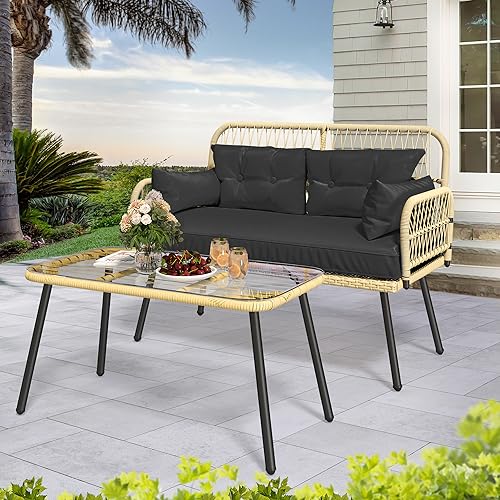 2-Piece Patio Furniture Wicker Outdoor Loveseat, All-Weather Rattan Conversation for Backyard, Balcony and Deck with Soft Cushions and SideTable (Light Brown+Black)