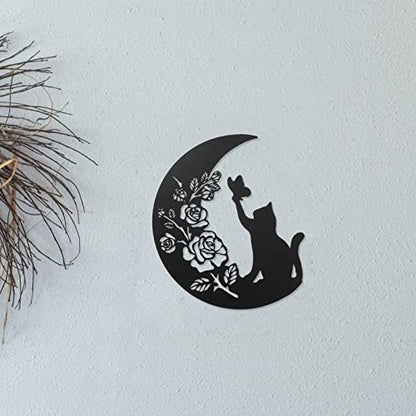 Metal Black Cat Wall Decor, Cat On the Moon Wall Art,Cat Catch Buttefly Wall Scuplture, Cats Lover Gifts for Christmas