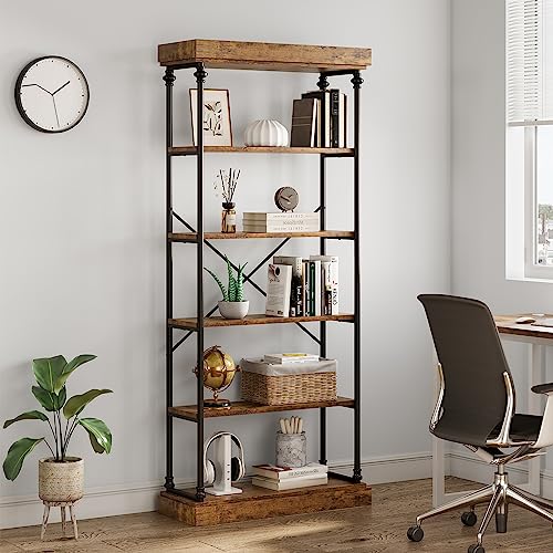 6 Tier Bookshelf Industrial Bookcase Wood Tall Standing Bookshelves Wood Vintage Display Rack Rustic Bookshelf