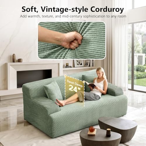 72" W Boneless Loveseat Sofa, Cloud Corduroy Couch in a Box, Compressed Deep Seat Sofa with 10.6" Wide Curved Armrests, Easy Assembly Required for Living Room, Apartments & Office, Green