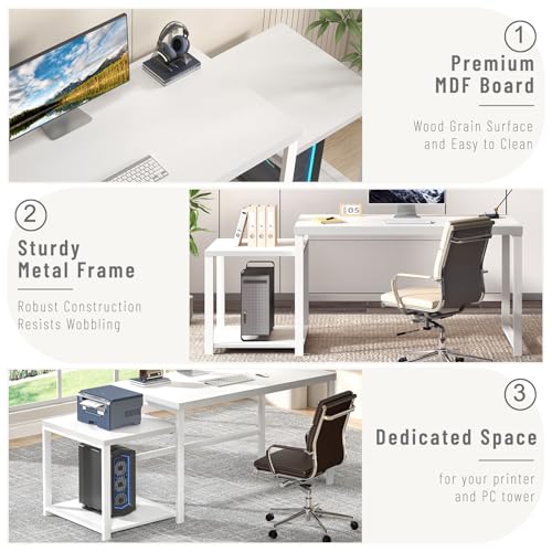 Large White Computer Desk, Home Office Desk with Printer Space & PC Tower Stand, view 6