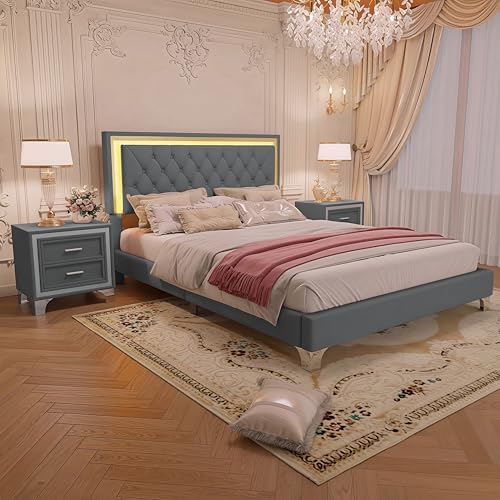 Bedroom Sets, 3-Pieces Bedroom Sets, Queen Size Upholstered Platform Bed with LED Lights and 2 Nightstands, Gray