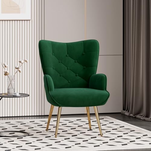 Mid Century Modern Velvet Accent Chair, Tufted Button High Back Chair, Upholstered Wingback Armchair with Metal Legs, High Back Side Chair for Living Room Bedroom, Green