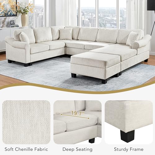 Sectional Sofa 111.8" U Shaped Sofa Chenille Upholstered Sofa Couch with Movable Storage Ottoman for Living Room, White