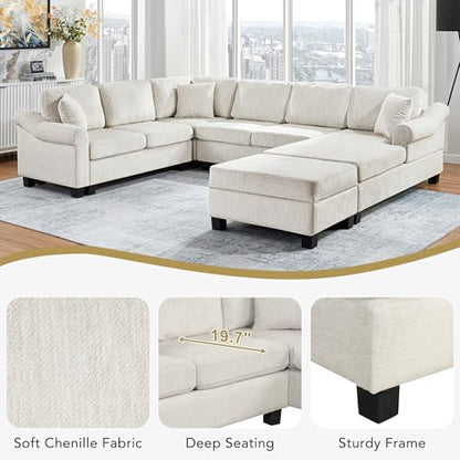 Sectional Sofa 111.8" U Shaped Sofa Chenille Upholstered Sofa Couch with Movable Storage Ottoman for Living Room, White