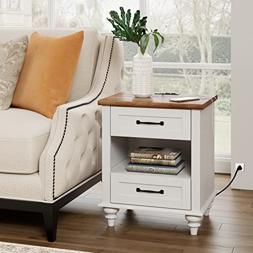 White Side Table with 2 Drawers, Night Stand with Charging Station, view 4