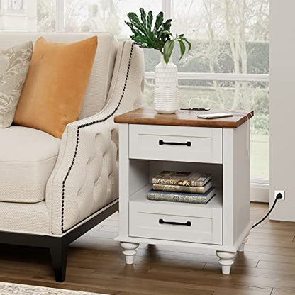 White Side Table with 2 Drawers, Night Stand with Charging Station, view 4