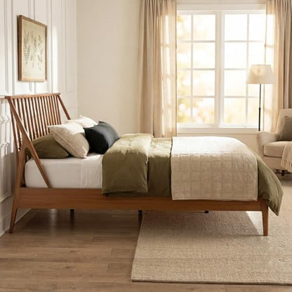 Queen Size Solid Bamboo Wood Spindle Platform Bed with 46.5" Tall Headboard, view 6
