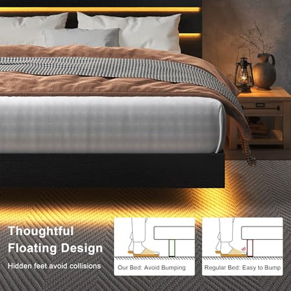 Floating Bed Frame Queen Size with Led Lights and Charging Station, view 6
